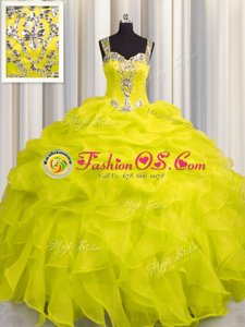 High Quality See Through Zipper Up Yellow Sleeveless Organza Zipper Sweet 16 Dress for Military Ball and Sweet 16 and Quinceanera