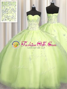 Big Puffy Yellow Green Sweetheart Neckline Beading and Appliques Quince Ball Gowns Sleeveless Zipper