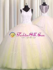 Zipple Up V Neck Light Yellow Sleeveless Tulle Brush Train Zipper Ball Gown Prom Dress for Military Ball and Sweet 16 and Quinceanera