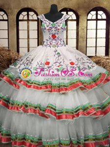 V-neck Sleeveless Organza Quinceanera Dresses Embroidery and Ruffled Layers Lace Up