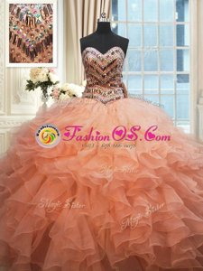 Excellent Beaded Bodice Sweetheart Sleeveless Lace Up Quinceanera Dresses Watermelon Red and Peach Organza
