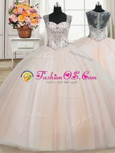 See Through Back Zipper Up Straps Cap Sleeves Quinceanera Gowns Floor Length Beading Peach Tulle