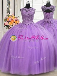 Custom Designed See Through Lavender Ball Gowns Beading and Appliques Sweet 16 Quinceanera Dress Lace Up Tulle Sleeveless Floor Length