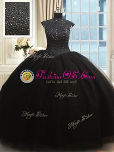 High Neck Floor Length Black Sweet 16 Dresses Tulle Cap Sleeves Beading