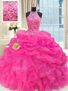 See Through Beaded Bodice Hot Pink Lace Up High-neck Beading and Ruffles and Pick Ups Vestidos de Quinceanera Organza Sleeveless