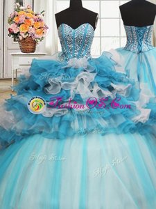 Visible Boning Beaded Bodice Blue And White Lace Up Sweetheart Beading and Ruffled Layers 15th Birthday Dress Tulle Sleeveless