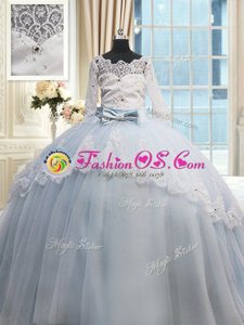 Ideal Brush Train Scalloped Light Blue Ball Gowns Beading and Lace and Bowknot Quinceanera Gowns Lace Up Tulle Half Sleeves