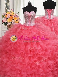 Beaded Bodice Coral Red Sleeveless Floor Length Beading and Ruffles Lace Up Vestidos de Quinceanera