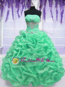 Floor Length Lace Up 15th Birthday Dress Apple Green and In for Military Ball and Sweet 16 and Quinceanera with Beading