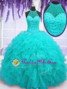 Aqua Blue Organza Lace Up Ball Gown Prom Dress Sleeveless Floor Length Beading and Ruffles
