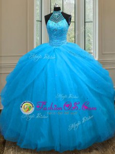 Customized Baby Blue Lace Up Sweetheart Beading Ball Gown Prom Dress Tulle Sleeveless