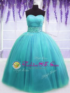 Comfortable Blue Sleeveless Belt Floor Length Quinceanera Gown