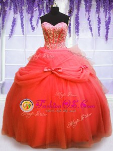 Shining Coral Red Tulle Lace Up Sweetheart Sleeveless Floor Length Quince Ball Gowns Beading and Bowknot