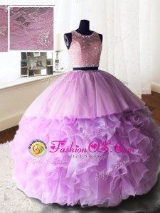 Inexpensive Scoop With Train Zipper Sweet 16 Dress Lilac and In for Military Ball and Sweet 16 and Quinceanera with Beading and Lace and Ruffles Brush Train