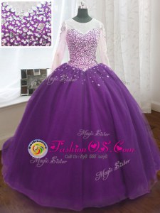 Purple Scoop Lace Up Beading and Sequins Sweet 16 Quinceanera Dress Sweep Train Long Sleeves