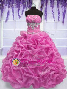 Rose Pink Organza Lace Up Strapless Sleeveless Floor Length Sweet 16 Dresses Beading