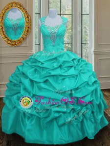 Free and Easy Aqua Blue Lace Up Straps Beading and Pick Ups Ball Gown Prom Dress Taffeta Sleeveless