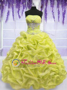 Vintage Yellow Green Strapless Lace Up Beading Quince Ball Gowns Sleeveless