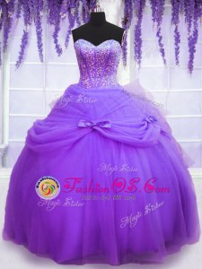 Graceful Lavender Ball Gowns Tulle Sweetheart Sleeveless Beading and Bowknot Floor Length Lace Up Quince Ball Gowns