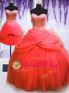 Three Piece Coral Red Sleeveless Tulle Lace Up Quinceanera Gown for Military Ball and Sweet 16 and Quinceanera