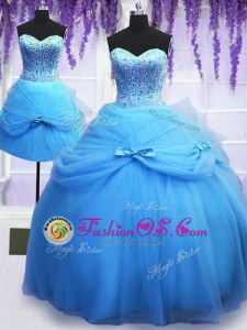 Three Piece Baby Blue Tulle Lace Up Sweetheart Sleeveless Floor Length 15th Birthday Dress Beading and Bowknot