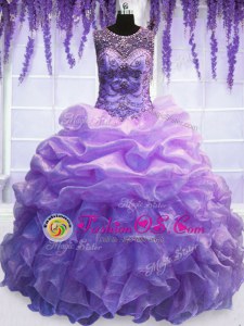 Scoop Floor Length Lavender Quinceanera Gowns Organza Sleeveless Beading and Pick Ups