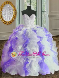 Fantastic Floor Length Lace Up Sweet 16 Quinceanera Dress White and Purple and In for Military Ball and Sweet 16 and Quinceanera with Beading and Ruffles