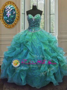 Trendy Floor Length Lace Up 15th Birthday Dress Turquoise and In for Military Ball and Sweet 16 and Quinceanera with Beading and Ruffles