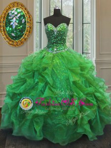 Cute Floor Length Sweet 16 Dress Organza and Sequined Sleeveless Beading and Ruffles
