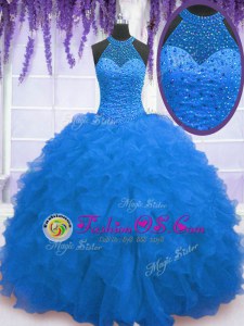 Fine Blue Organza Zipper Ball Gown Prom Dress Sleeveless Floor Length Beading and Ruffles