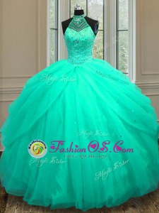 Cute Halter Top Sleeveless Beading and Sequins Lace Up 15 Quinceanera Dress