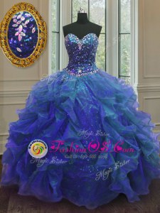 Fashion Ball Gowns Quinceanera Dresses Blue Sweetheart Organza and Sequined Sleeveless Floor Length Lace Up