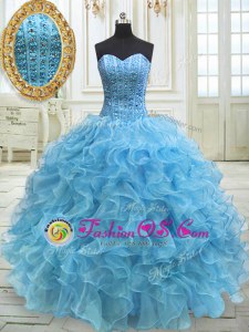 Attractive Organza Sweetheart Sleeveless Lace Up Beading and Ruffles Sweet 16 Dress in Baby Blue