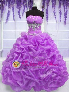 Customized Lilac Ball Gowns Beading Quinceanera Gown Lace Up Organza Sleeveless Floor Length