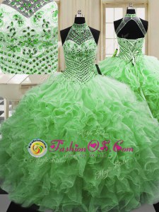 Eye-catching Halter Top Tulle Lace Up Sweet 16 Quinceanera Dress Sleeveless Floor Length Beading and Ruffles