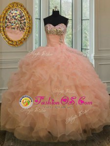 Inexpensive Peach Sleeveless Floor Length Beading and Ruffles Lace Up Ball Gown Prom Dress