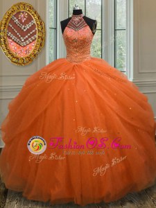 Halter Top Orange Red Tulle Lace Up Ball Gown Prom Dress Sleeveless Floor Length Beading