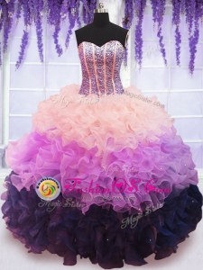 High Class Organza Sweetheart Sleeveless Lace Up Beading and Ruffles and Ruffled Layers Quinceanera Gown in Multi-color