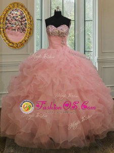 Fashionable Watermelon Red Ball Gowns Organza Sweetheart Sleeveless Beading and Ruffles Floor Length Lace Up 15 Quinceanera Dress