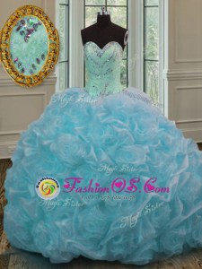 Luxury Blue Ball Gowns Sweetheart Sleeveless Organza Sweep Train Lace Up Beading and Pick Ups 15th Birthday Dress