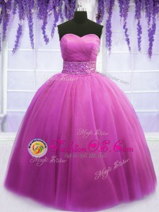 Sweetheart Sleeveless Sweet 16 Quinceanera Dress Floor Length Beading and Belt Lilac Tulle