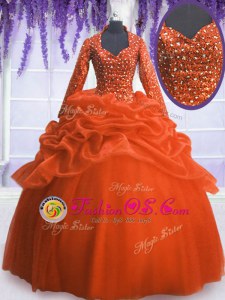 Luxurious Floor Length Orange Red Sweet 16 Dresses Organza Long Sleeves Sequins and Pick Ups