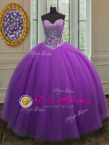 Eggplant Purple Ball Gowns Tulle Sweetheart Sleeveless Beading Floor Length Lace Up 15th Birthday Dress