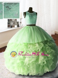 Glorious Scoop Lace With Train Ball Gowns Sleeveless Quinceanera Dresses Brush Train Zipper