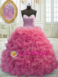 Rose Pink Sweetheart Lace Up Beading and Ruffles Quinceanera Gown Sweep Train Sleeveless