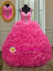 Straps Beading and Ruffles Ball Gown Prom Dress Hot Pink Zipper Sleeveless Floor Length