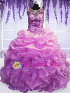 Pretty Lilac Ball Gowns Organza Scoop Sleeveless Beading and Pick Ups Floor Length Lace Up Sweet 16 Dress