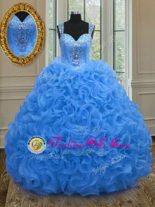 Custom Fit Straps Blue Sleeveless Beading and Ruffles Floor Length Sweet 16 Dress
