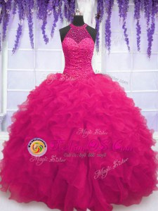 Floor Length Hot Pink Vestidos de Quinceanera High-neck Sleeveless Lace Up