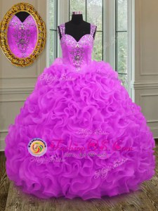 Stylish Fuchsia Ball Gowns Organza Straps Sleeveless Beading and Ruffles Floor Length Lace Up Quinceanera Dresses